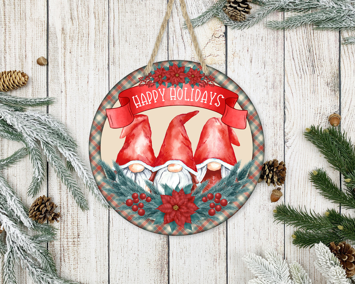 Happy Holidays Gnomies - 10" Round Door Hanger