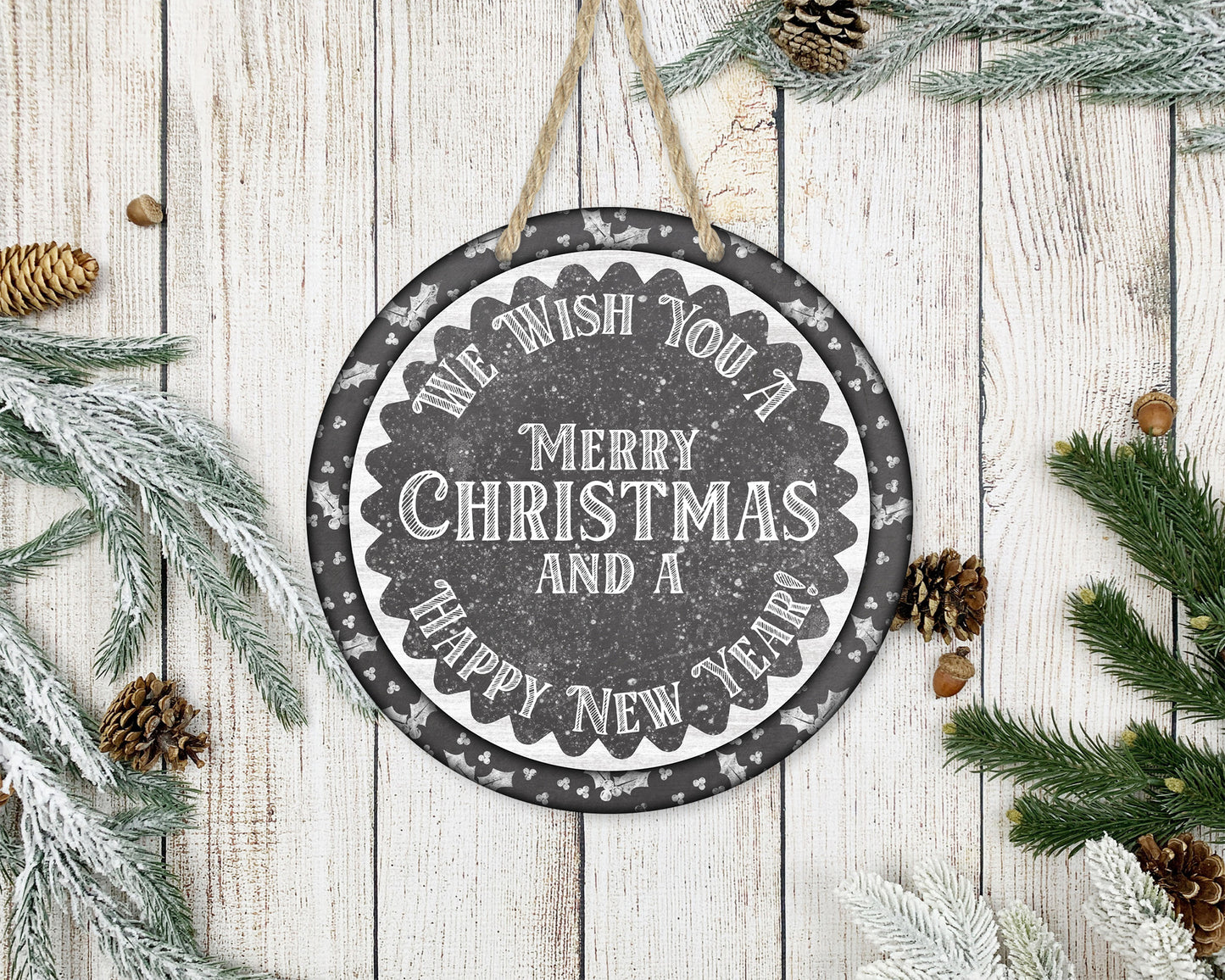 Merry Christmas Happy New Year - 10" Round Door Hanger