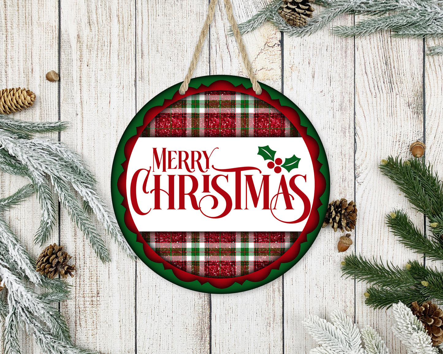 Plaid Merry Christmas - 10" Round Door Hanger