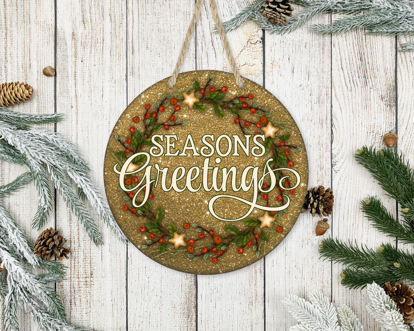 Season Greetings Holly Wreath - 10" Round Door Hanger