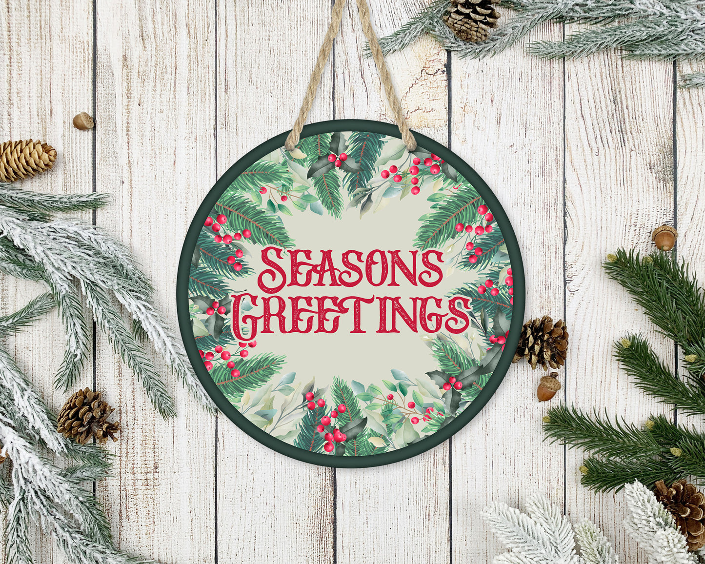 Wreath Seasons Greetings - 10" Round Door Hanger