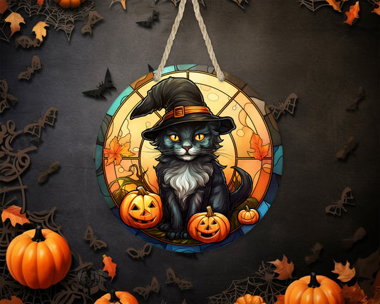 Black Cat Halloween - 10" Round Door Hanger