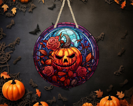 Stained Glass Jack O'lantern - 10" Round Door Hanger