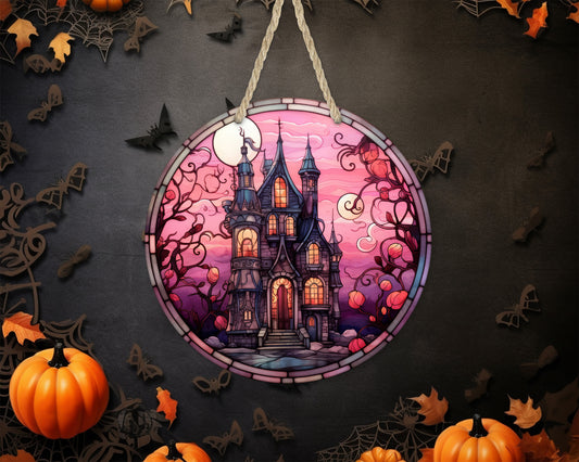 Stained Glass Old House - 10" Round Door Hanger