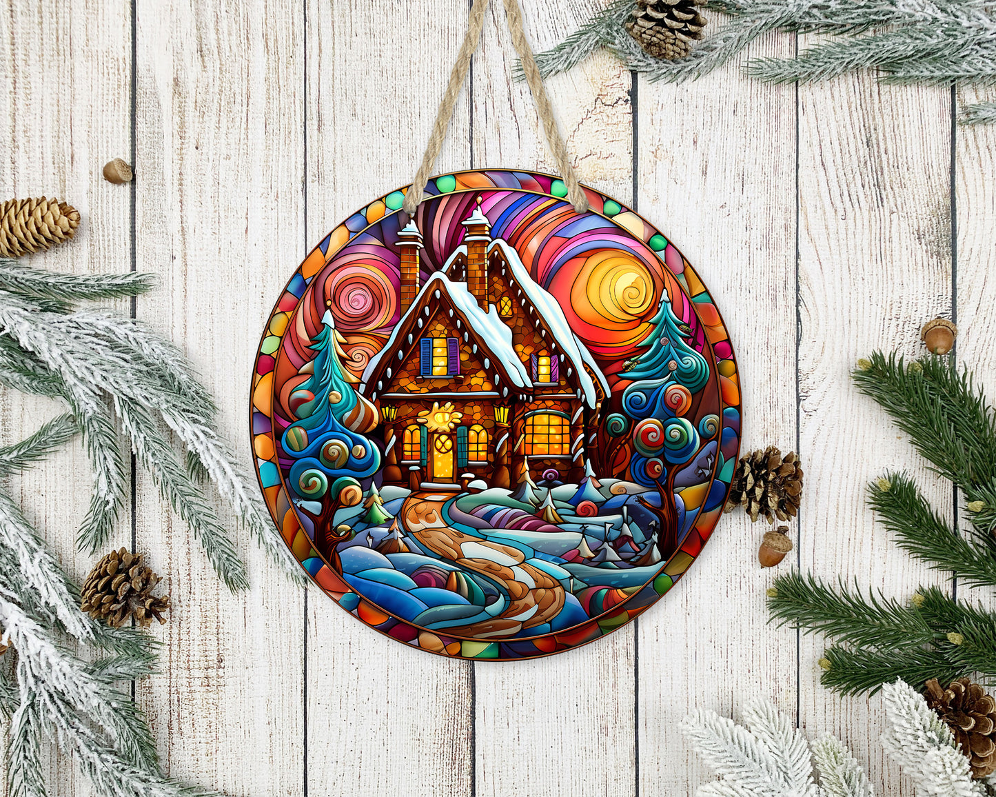 Stained Glass Christmas #23 - 10" Round Door Hanger
