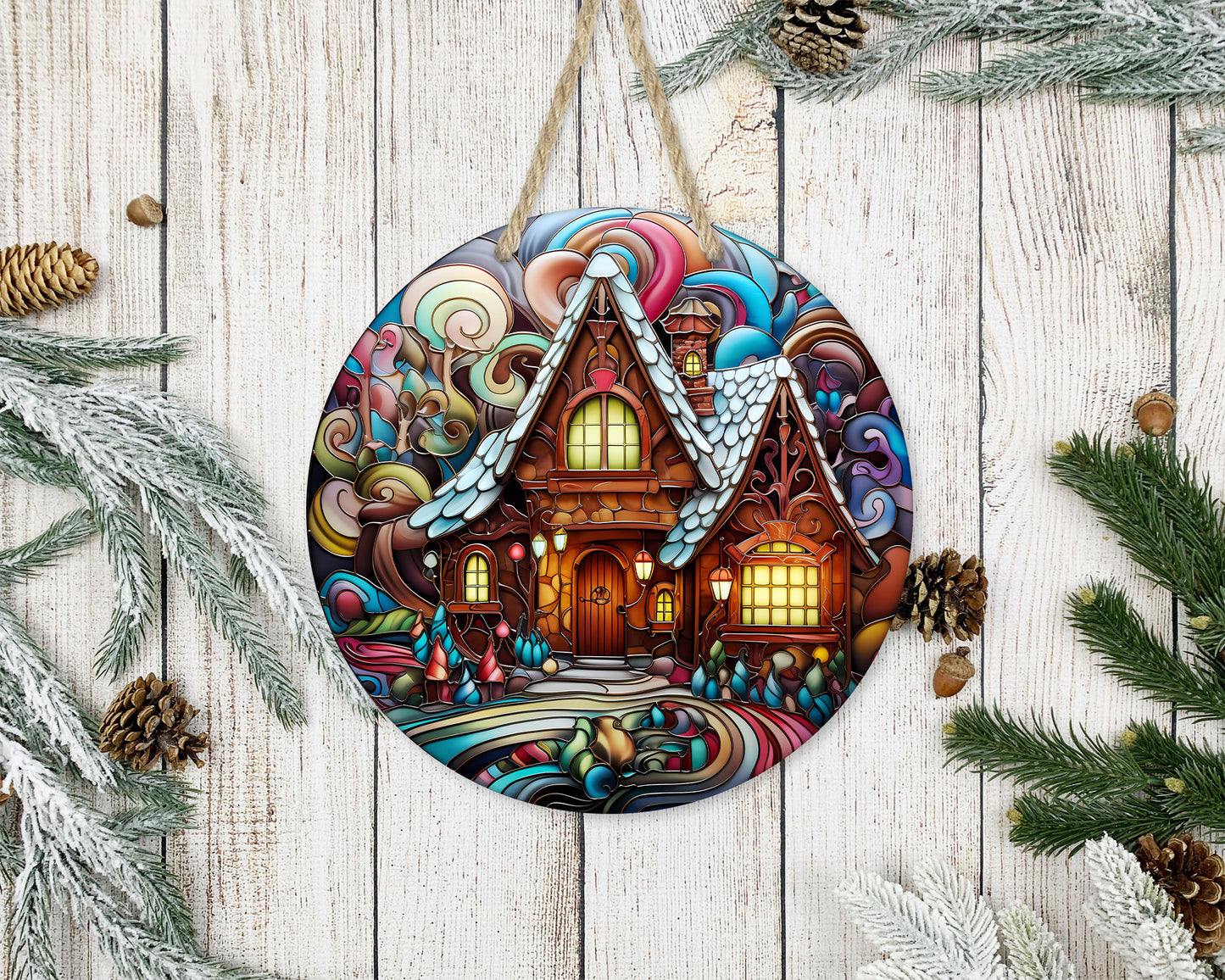 Stained Glass Christmas #24 - 10" Round Door Hanger