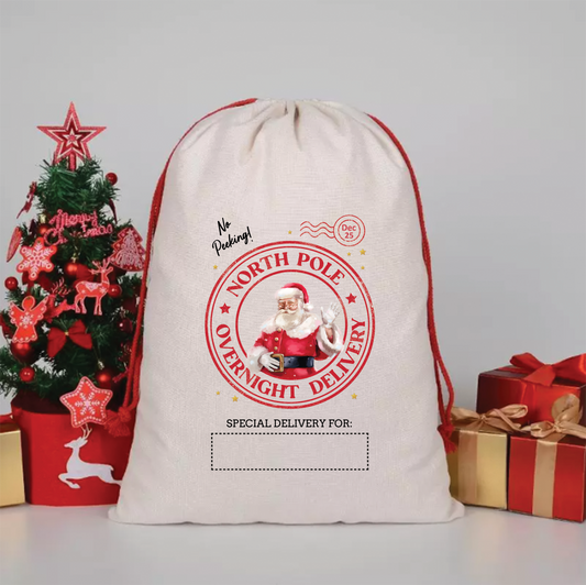 North Pole Overnight Delivery - Christmas Canvas Drawstring Bag