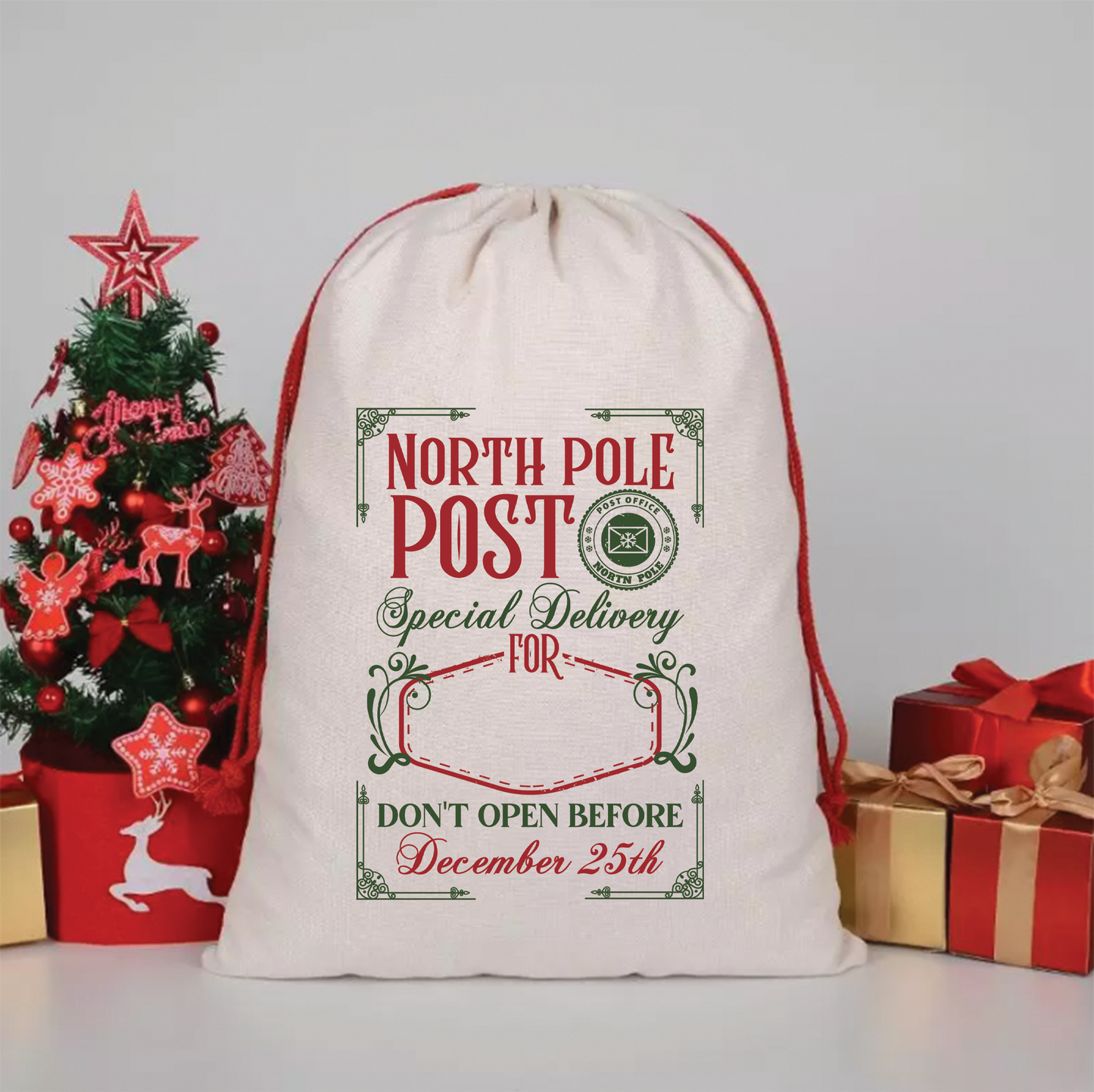 North Pole Post Special Delivery - Christmas Canvas Drawstring Bag