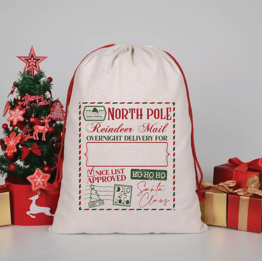 North Pole Reindeer Mail - Christmas Canvas Drawstring Bag