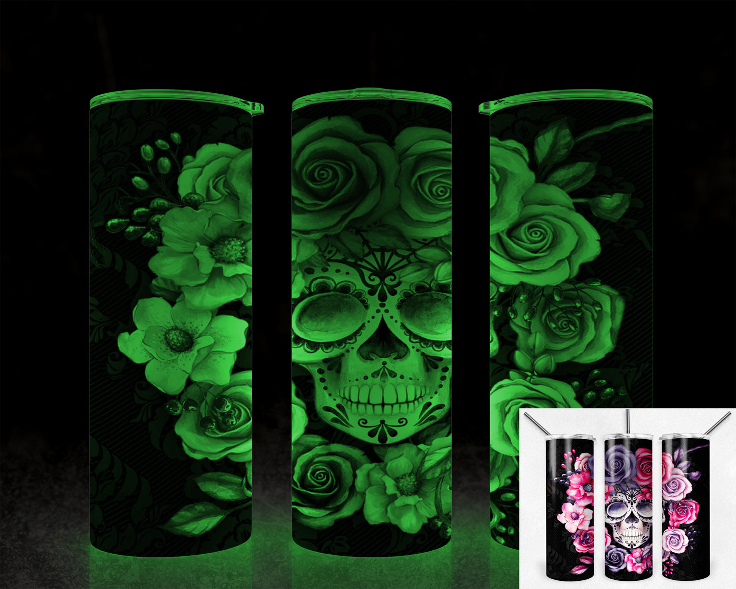 Sugar Roses 20oz Skinny Glow in the Dark Tumbler