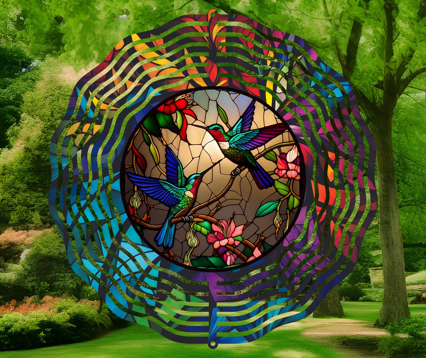 Stained Glass Hummingbirds 10" Wind Spinner